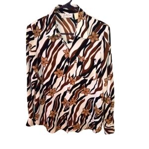 Unique Print Blouse Kathie Lee Collection Button Down Pocket Business Casual M